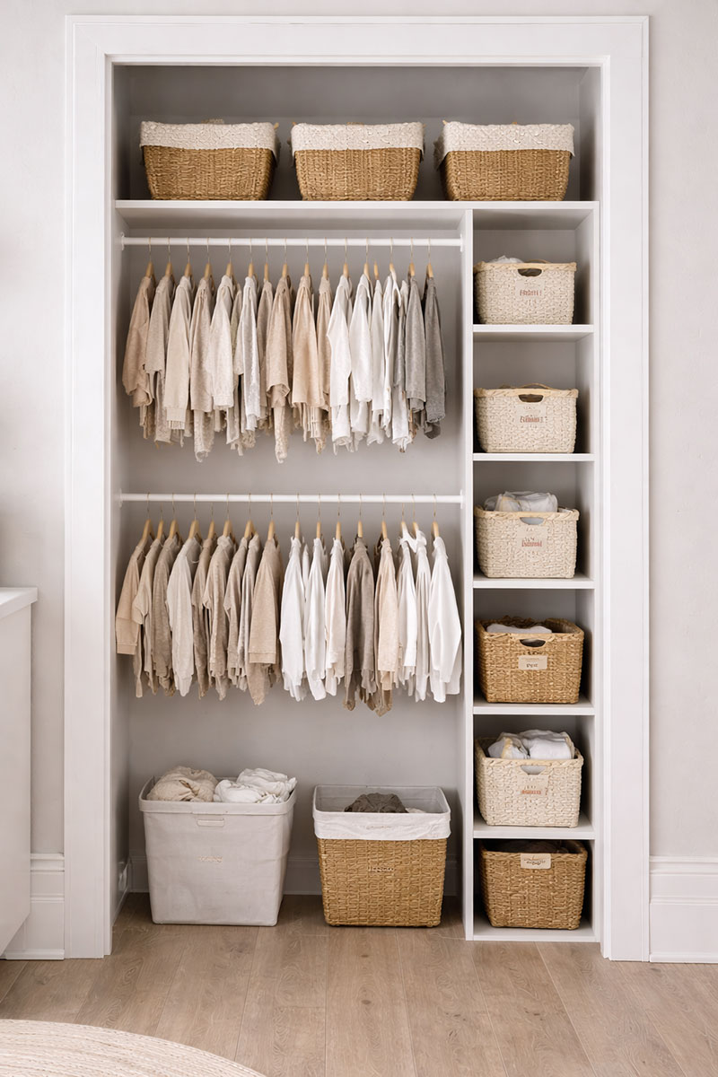 Organized nursery closet with double hanging rods and labeled storage bins