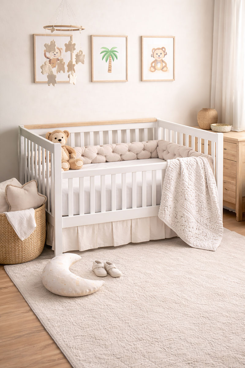 Nursery decor items placed near a crib, not on the sleep surface