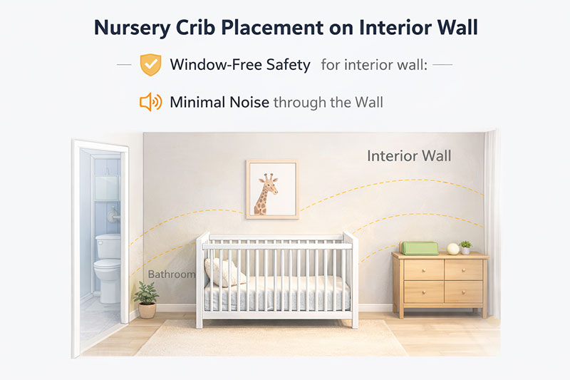 Crib placed on a clear interior wall with open floor space and no décor within reach
