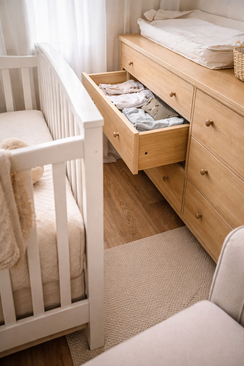 Nursery drawer clearance problem showing tight walkway and poor furniture spacing parents often regret