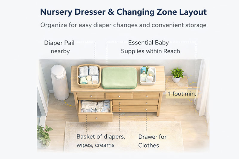Dresser and changing zone placed near crib with open drawer clearance and diaper storage within reach
