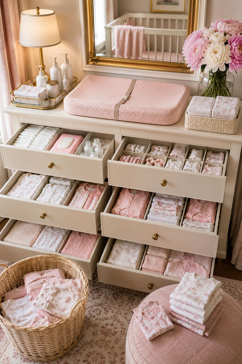 Nursery dresser laundry reset with folded baby clothes, organized drawers, and practical baby room storage
