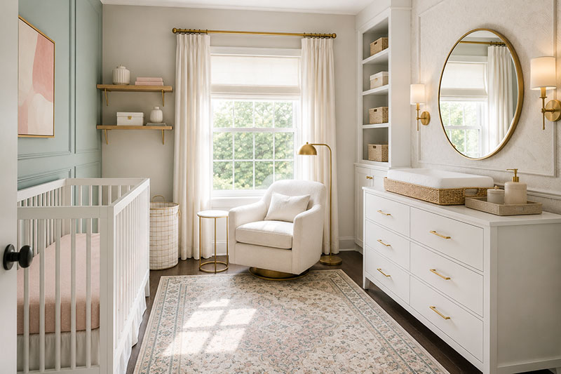 Planning a nursery dresser location before arranging furniture in the room.