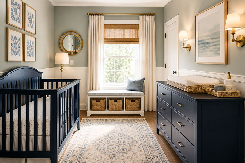 Modern nursery showing safe spacing between the crib, dresser and window.