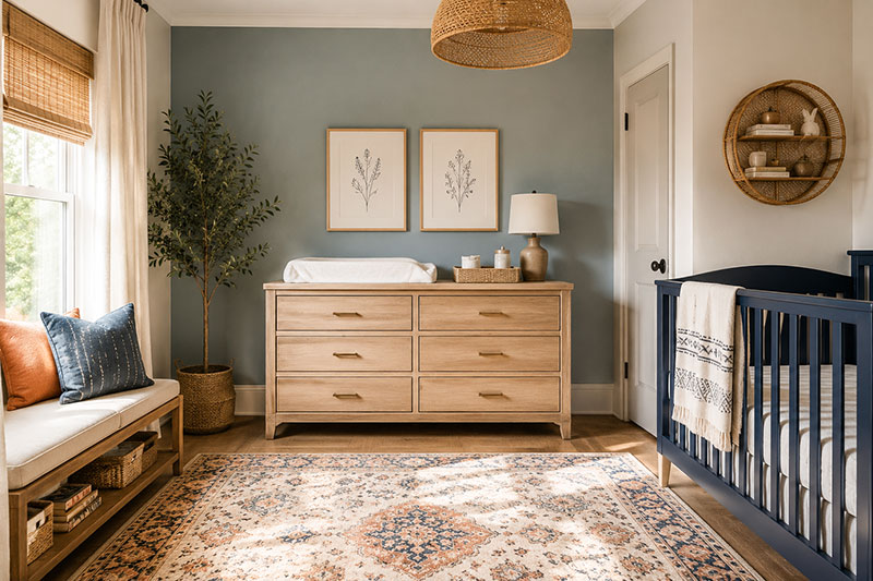 Nursery dresser placed against a wall with open walking space between the crib and changing area.