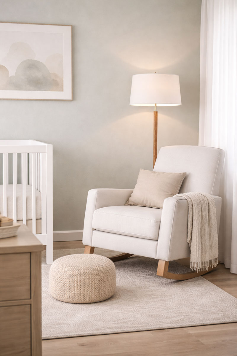Nursery floor lamp beside a chair creating a focused lighting area