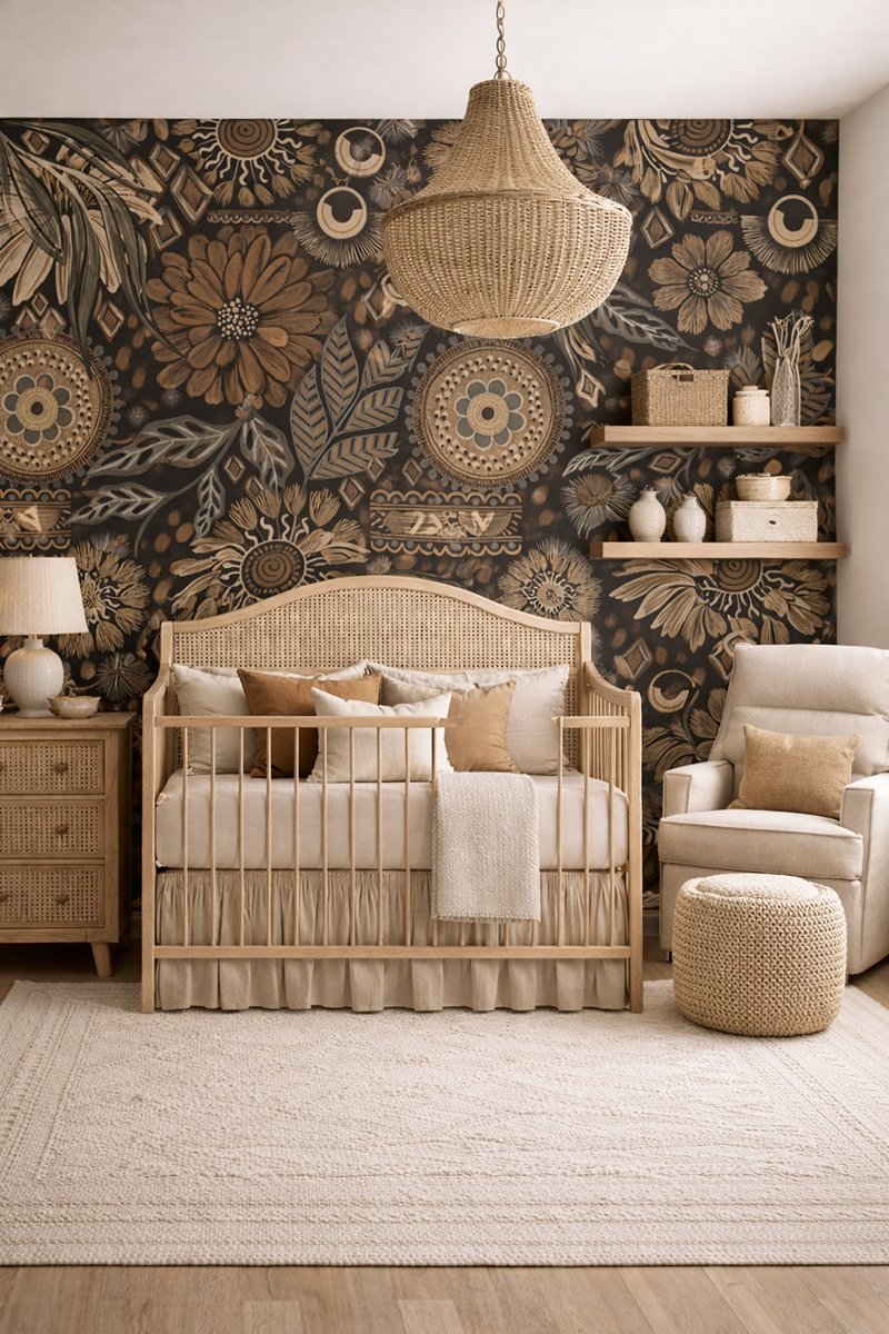 Well-planned nursery furniture layout with crib on interior wall, dresser opposite, and glider in corner