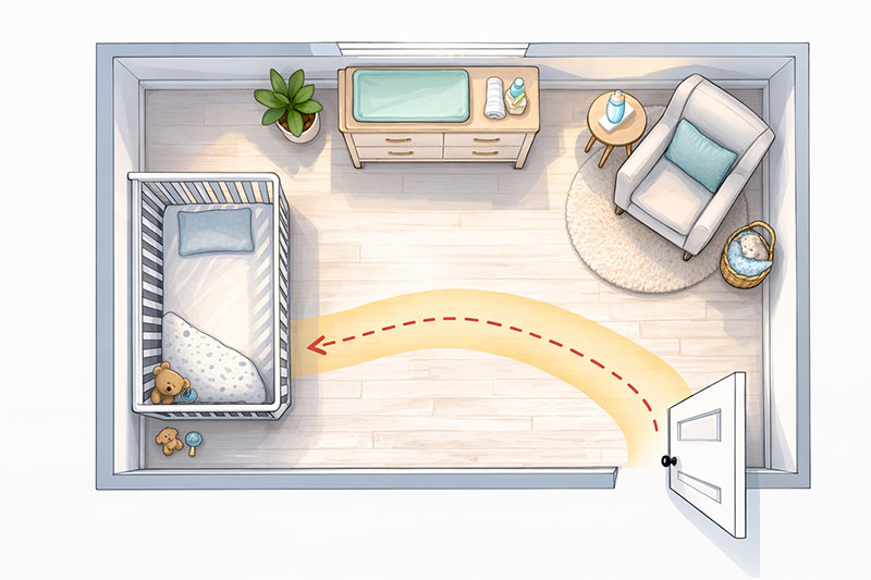 Nursery furniture layout showing a clear walking path from door to crib with zones for dresser and glider