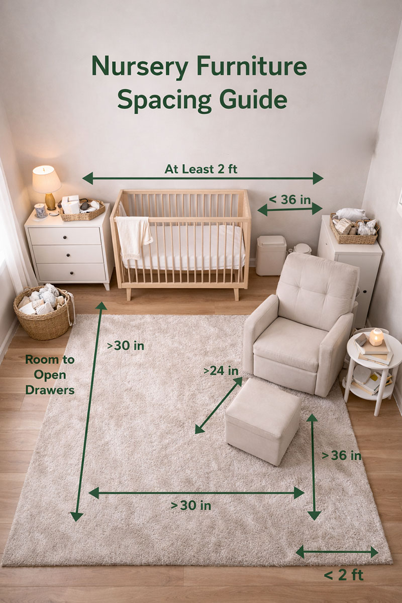 nursery furniture spacing floor plan with crib dresser and chair placement