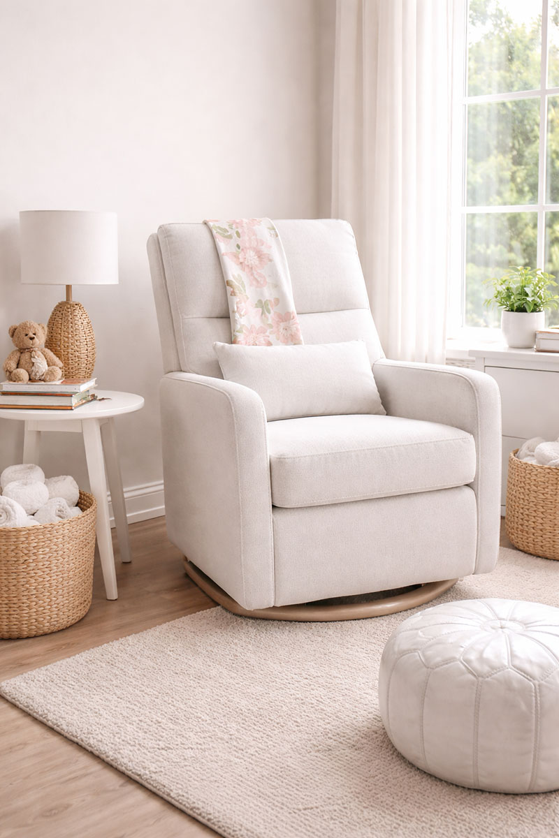 Comfortable glider chair in a neutral baby nursery