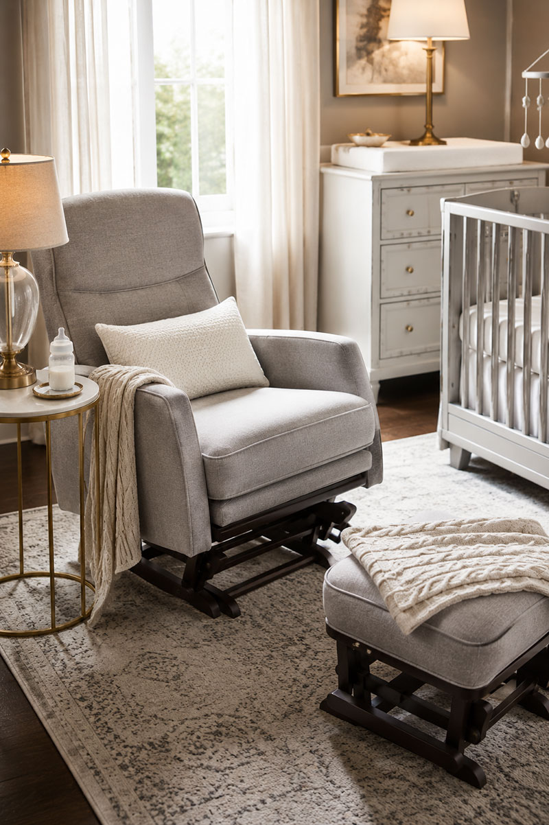 Nursery glider beside crib with supportive feeding setup