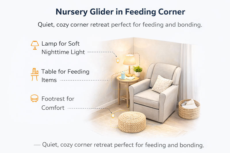 Nursery glider chair placed in a quiet corner with side table and soft lamp, facing the crib
