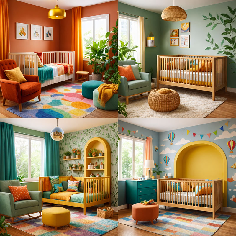 Trendy nursery color palette ideas featuring deep teal, dusty rose, muted terracotta, and sage green with modern crib styling
