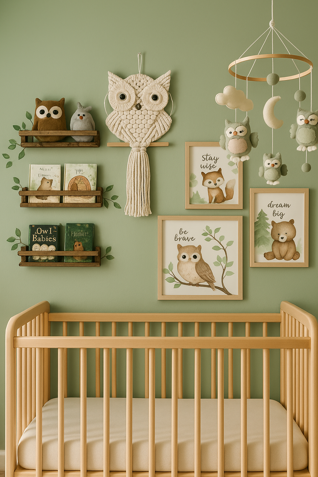 Sage green woodland nursery ideas with owl mobile, macrame owl wall hanging and framed animal art