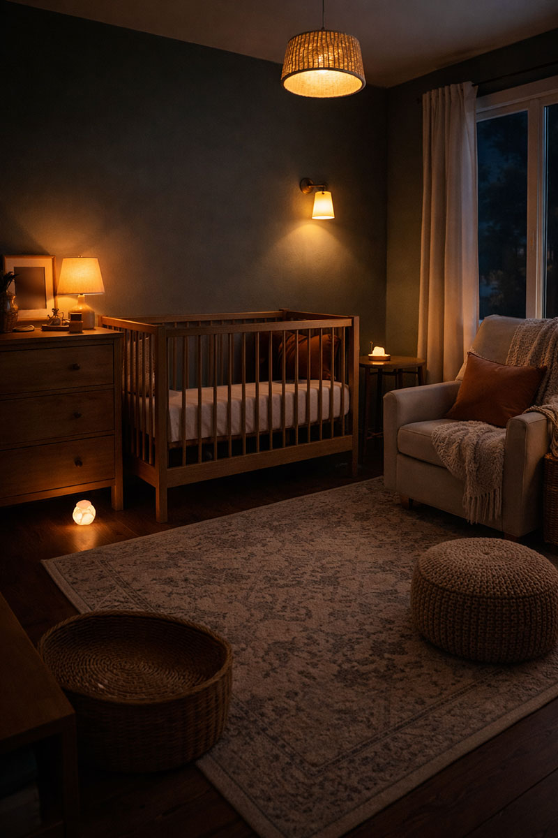 Nursery at dusk with layered lighting including table lamp, wall sconce, and soft nightlight glow creating a warm cozy atmosphere