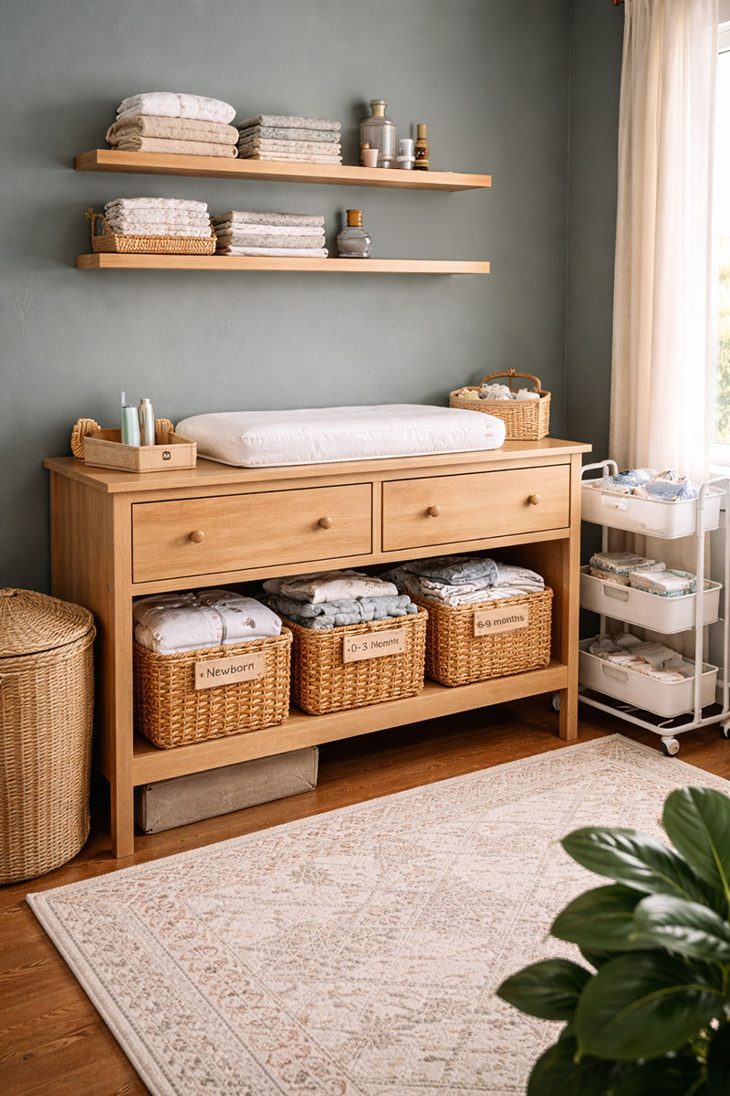 Stylish nursery storage setup featuring dresser used as changing station, woven labeled baskets, rolling cart, folded swaddles, and warm muted wall color
