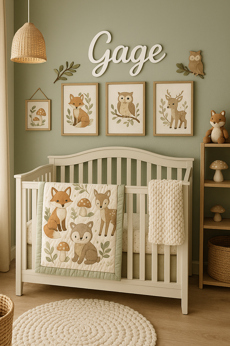 Sage green nursery ideas with soft woodland accents and cozy textures