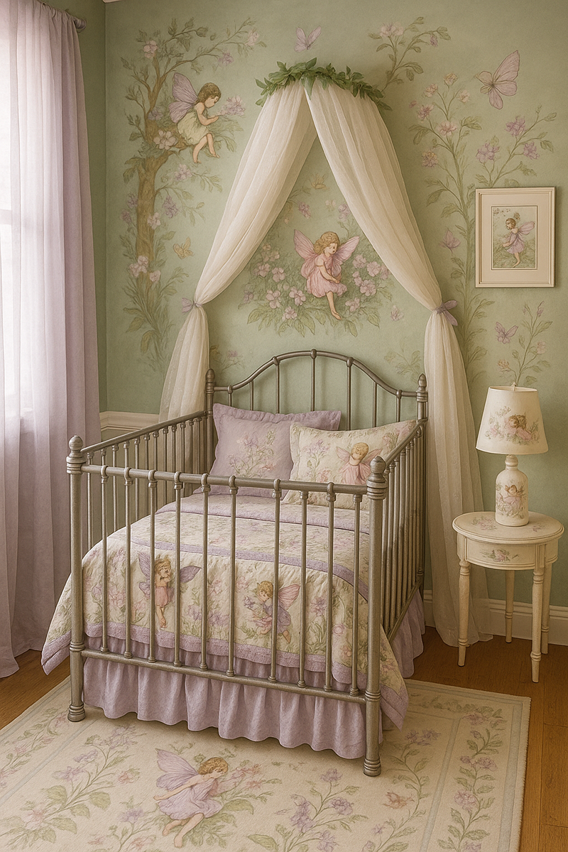 Enchanted forest baby nursery with lavender, pink, sage green fairy accents, gauzy canopy, and pewter metal crib