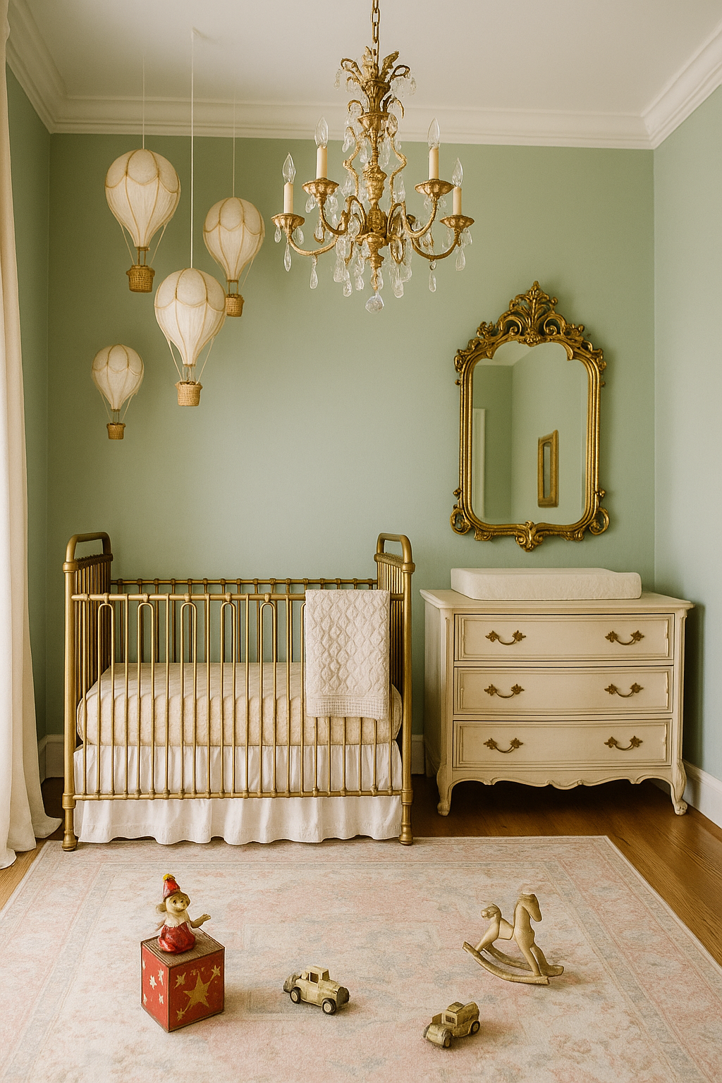 Parisian shabby chic baby girl nursery with a vintage gold metal crib, ornate antique gold chandelier, pale sage green walls, ivory upcycled dresser changing table, and antique toys on a faded pastel Persian rug