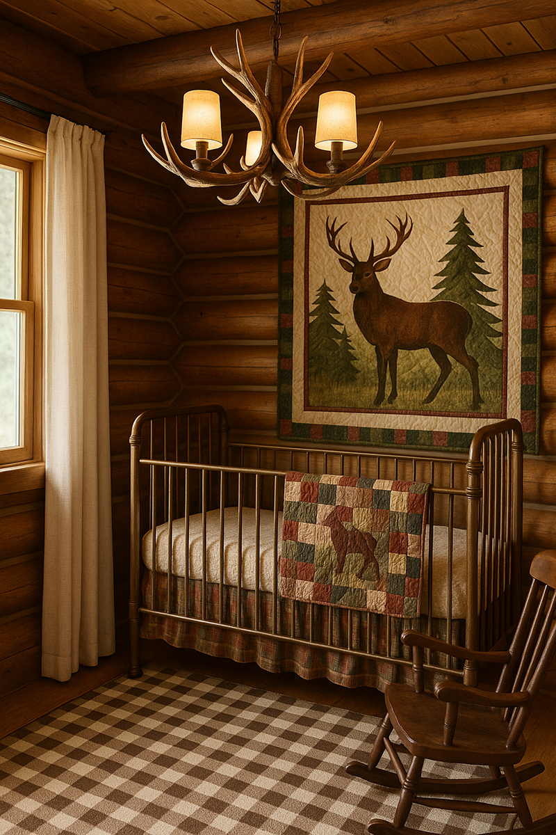 Rustic log cabin nursery with a quilted deer wall hanging, antler chandelier, burnished brass crib and vintage wooden rocking chair