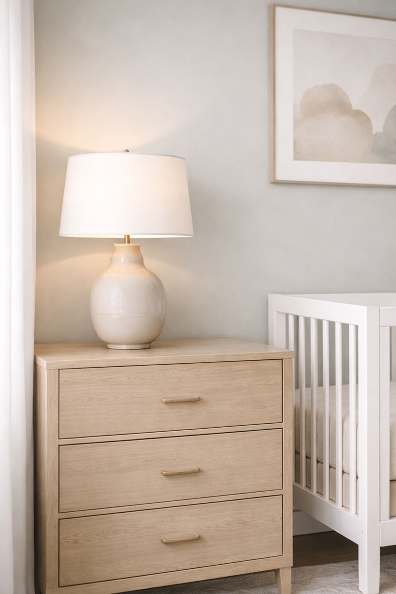 Close view of a nursery lamp creating a focused light area