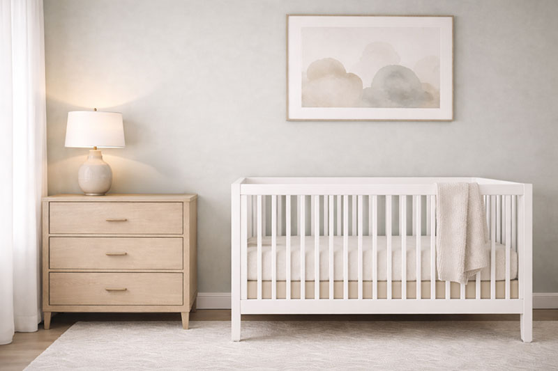 Nursery lamp placed safely on a dresser away from the crib