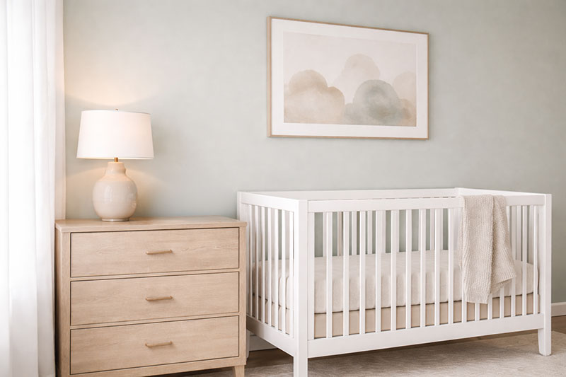 Nursery lamps placed on a dresser beside a crib in a well arranged baby room