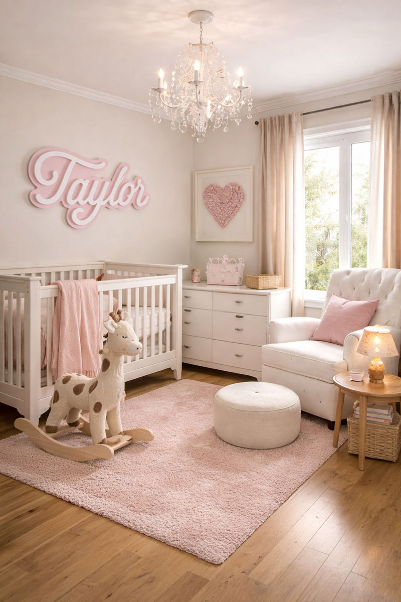 Nursery layout with crib placed on interior wall away from window, dresser opposite, chair near natural light