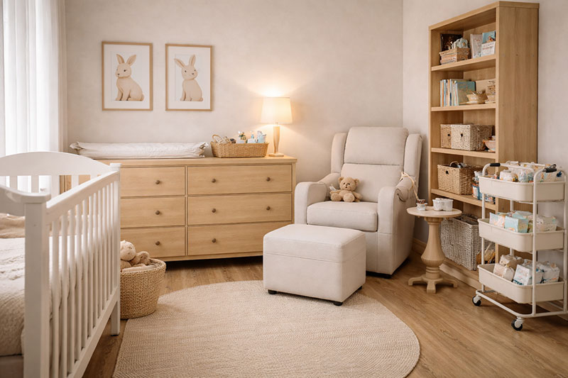 Nursery that looks finished but feels uncomfortable with tight furniture spacing and poor layout flow