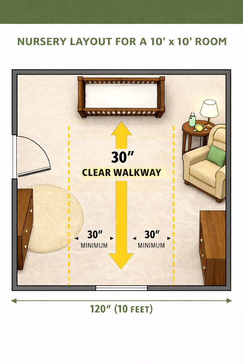 Top-down nursery layout for a 10x10 room divided into sleep, changing, feeding, and storage zones with clear walkways