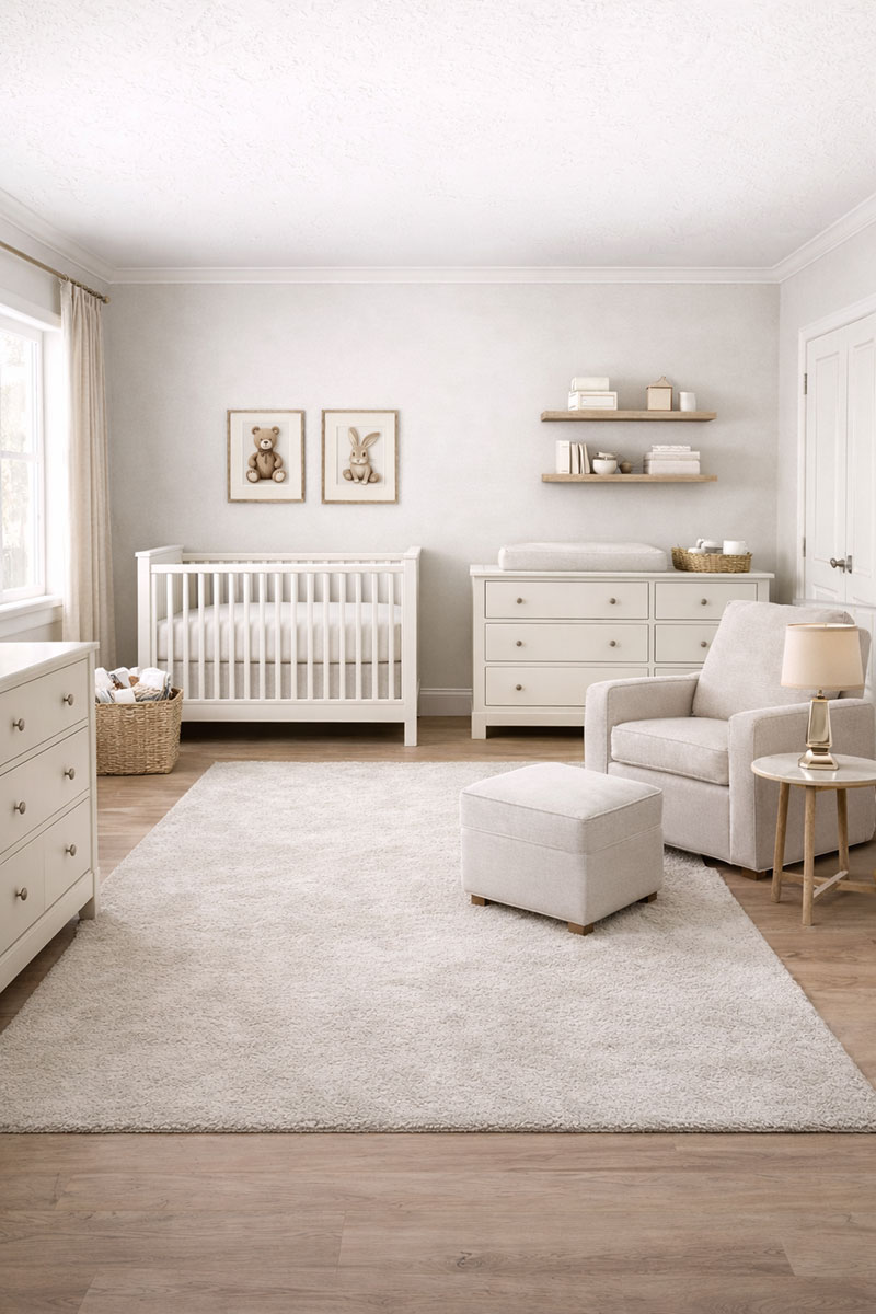 12x12 nursery with clear center walkway and furniture placed around the edges for better flow