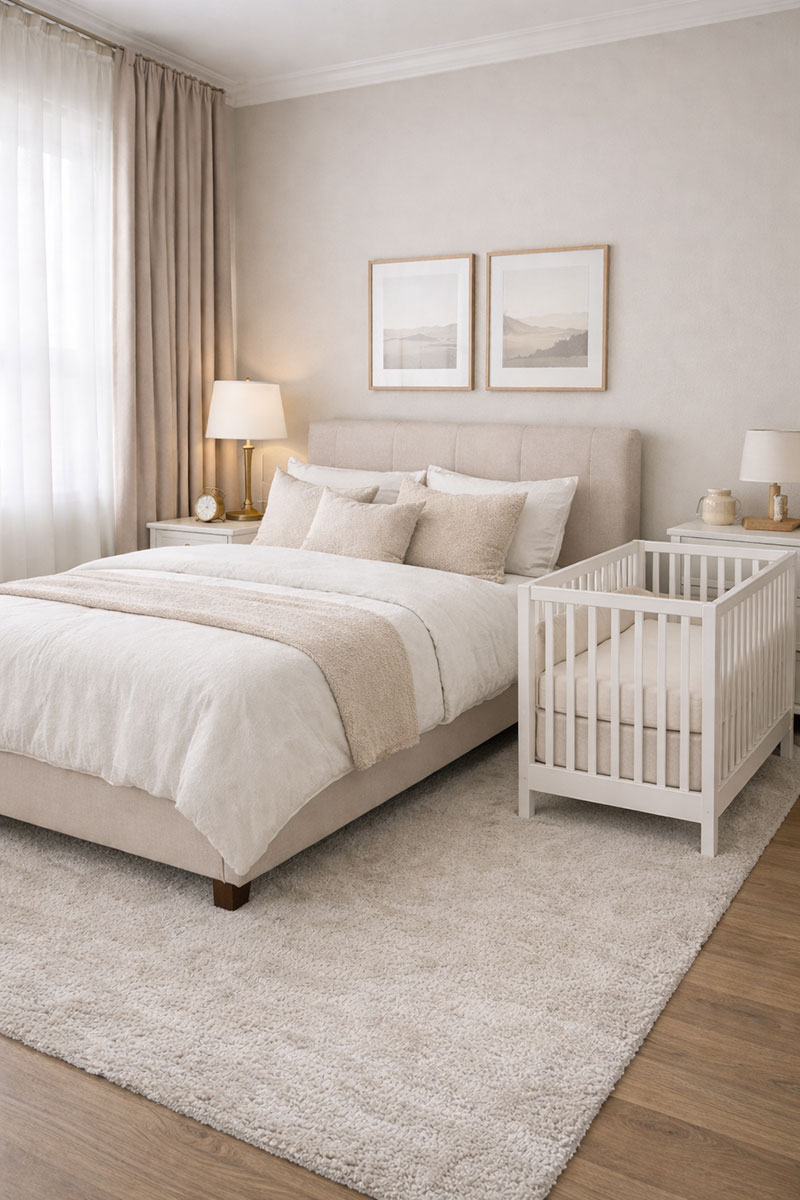 High-end master bedroom sharing layout with adult bed and crib placed parallel with clear walking space, coordinated bedding and drapes, no clutter