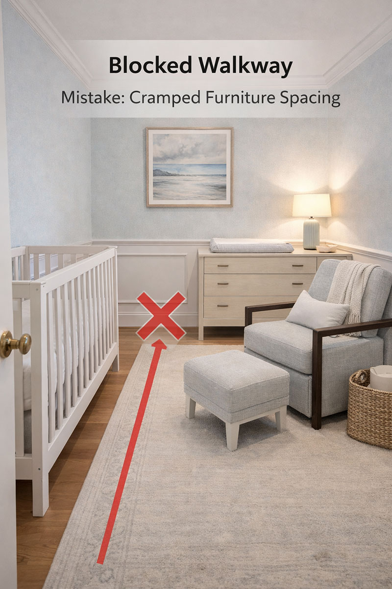 Nursery layout example showing blocked walkway and cramped furniture spacing as a cautionary setup