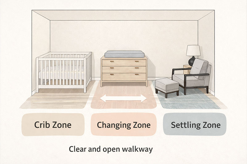 Simple nursery layout diagram showing crib zone, changing zone, and chair corner with open walkway
