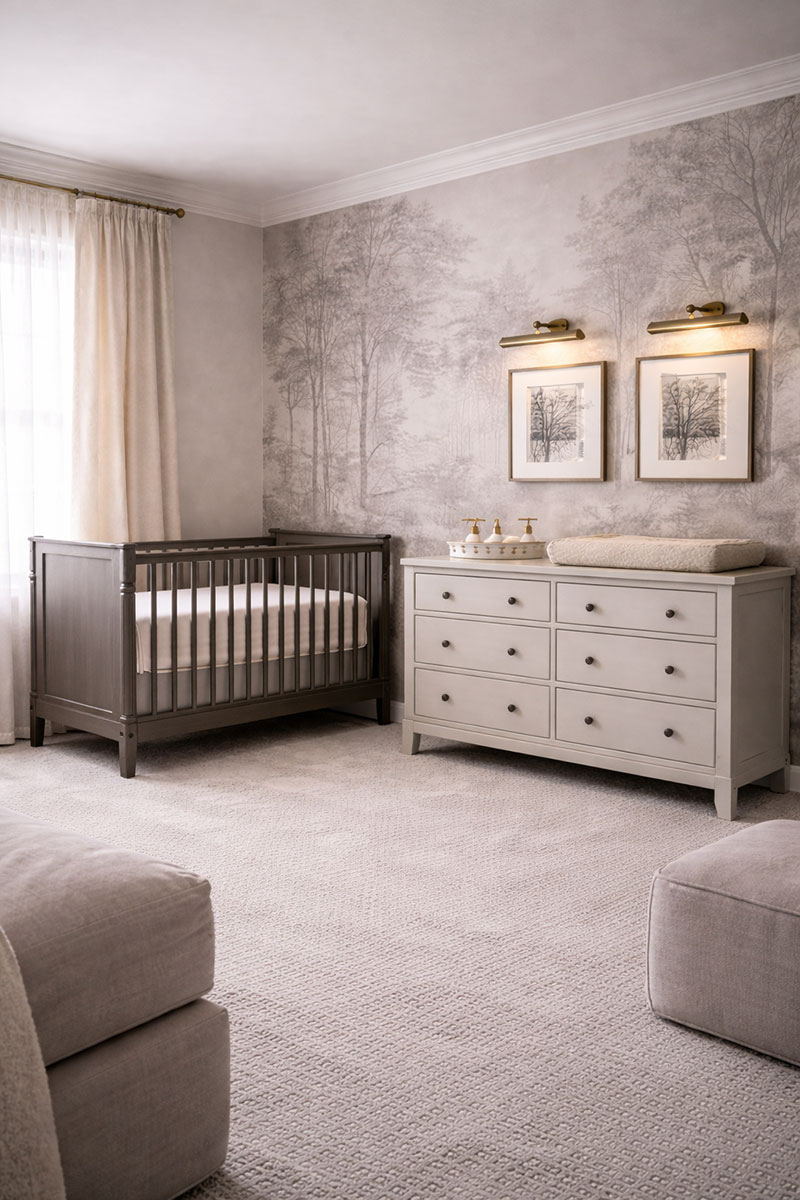 High-end Restoration Hardware inspired nursery layout with crib and dresser shown from a corner angle with safe spacing and coordinated furniture