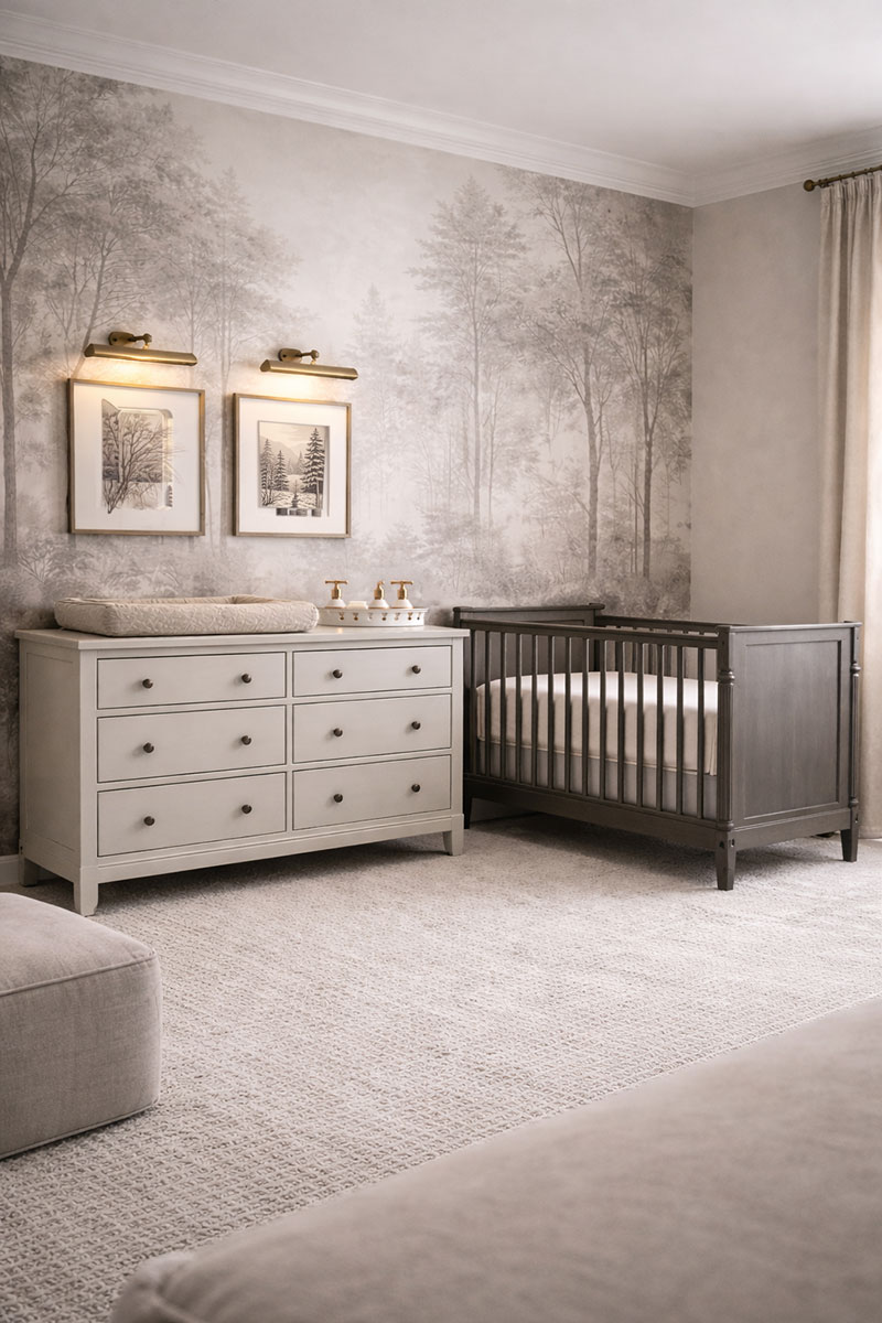 Simple nursery floor plan showing a crib on one wall and a dresser on an adjacent wall