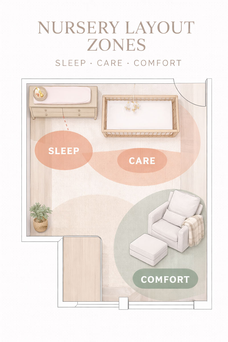 Nursery layout zones showing sleep zone, care zone, and comfort zone placement