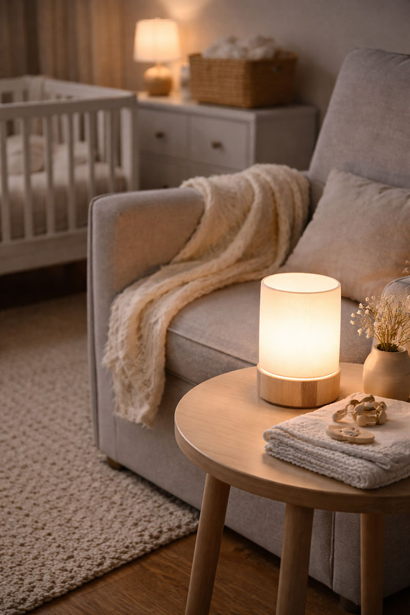 Nursery lamp beside a feeding chair used with low light during overnight care