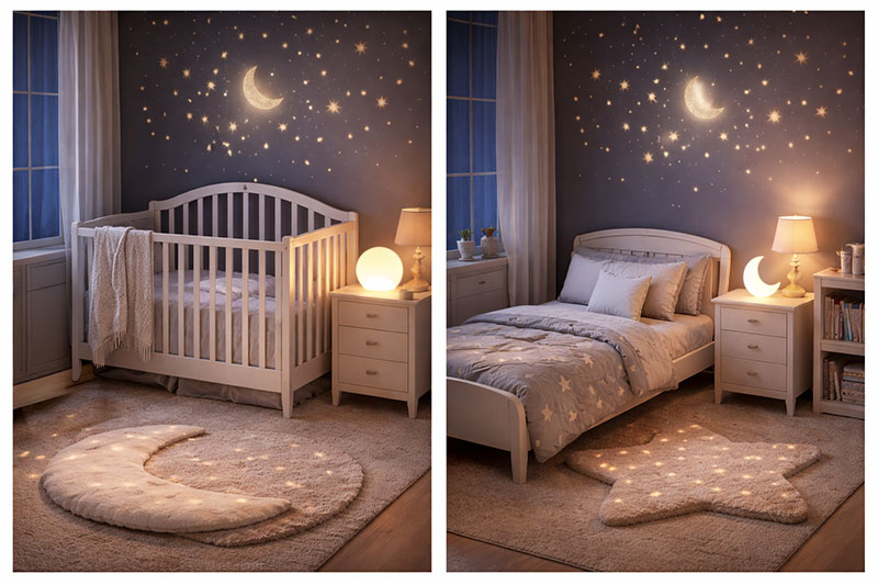Nursery night light setup evolving from crib stage to toddler room with low lighting placement