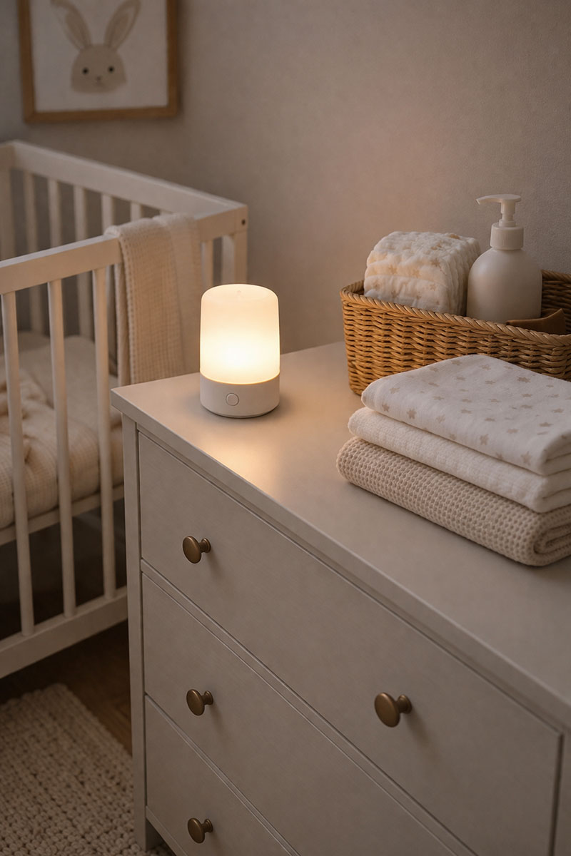 Nursery night light placed near a dresser and changing area for overnight diaper changes
