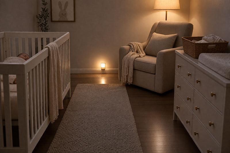 Nursery night light placement showing path from crib to chair without direct glare