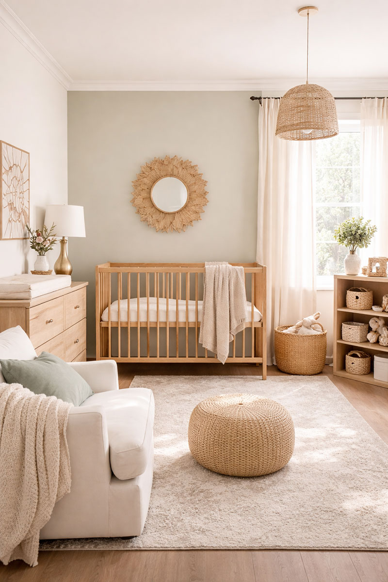 Soft neutral nursery paint colors in a calm baby room with beige, sage, and warm cream tones