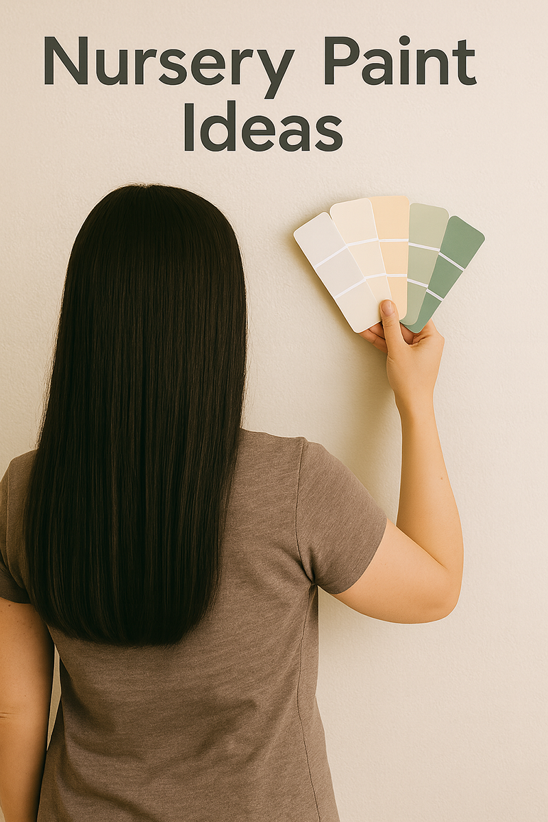 Woman with long straight dark hair holding paint swatches against a nursery wall in warm Mocha Mousse tones