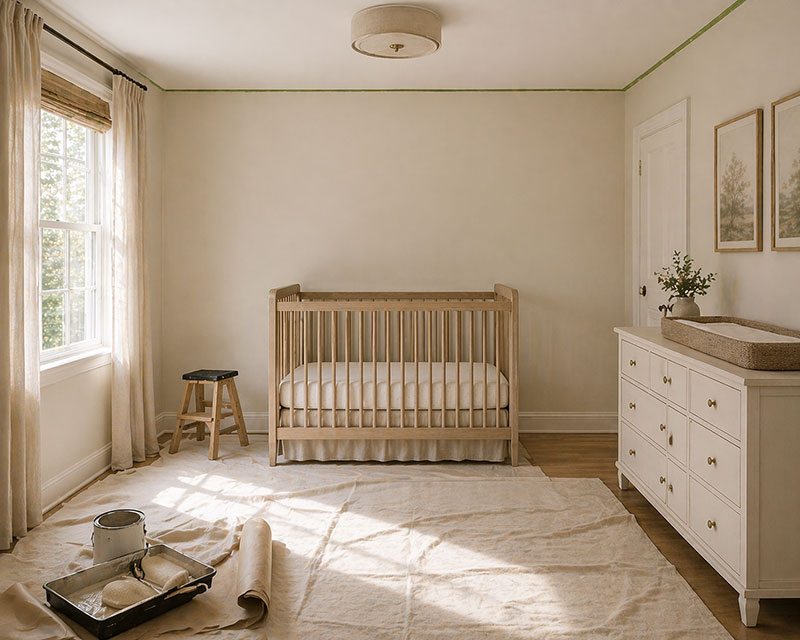 Clean nursery space prepared for painting with natural light and neutral tones