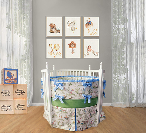 Nursery rhyme themed baby room decorating ideas and decor.  Nursery rhyme theme bab crib set for a baby boy or girl.