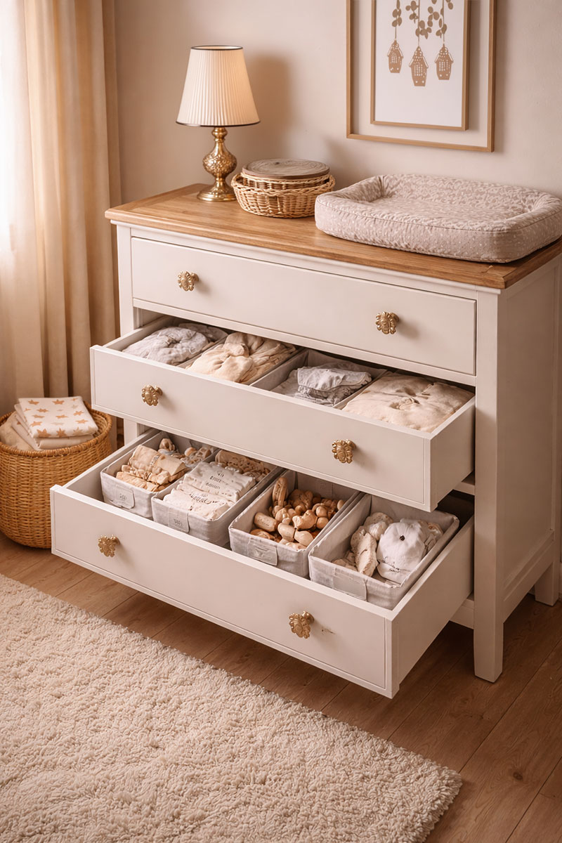 Dresser and simple nursery storage bins showing early nursery setup that focuses on function