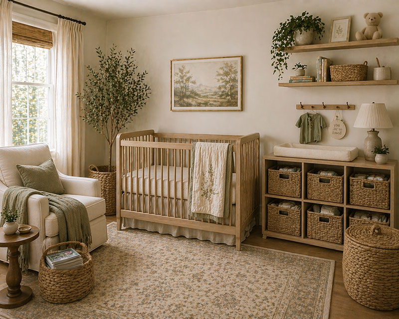 Organized nursery storage with baskets shelves and clean functional layout