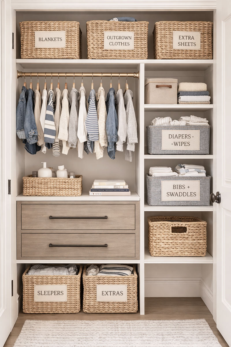 Small nursery closet with hanging organizer, baby clothes dividers, labeled bins, and folded blankets