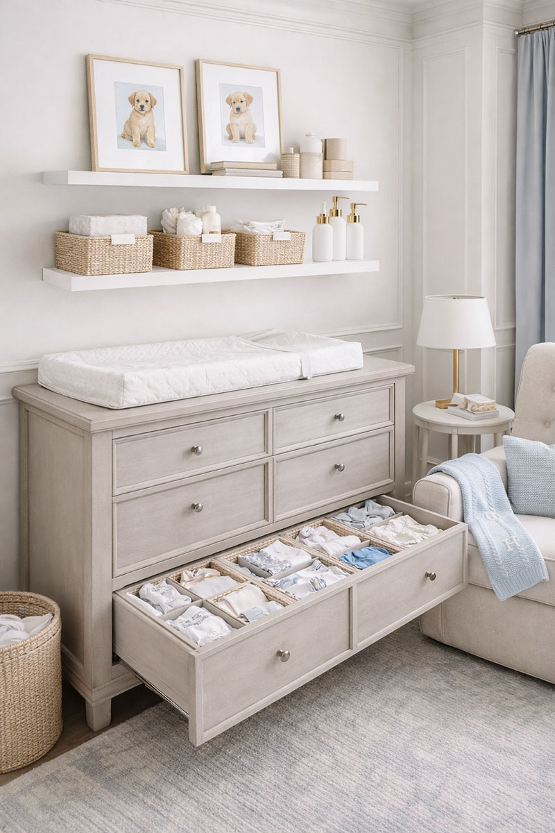 Small boy nursery with a dresser used as a changing station and organized drawers for baby supplies