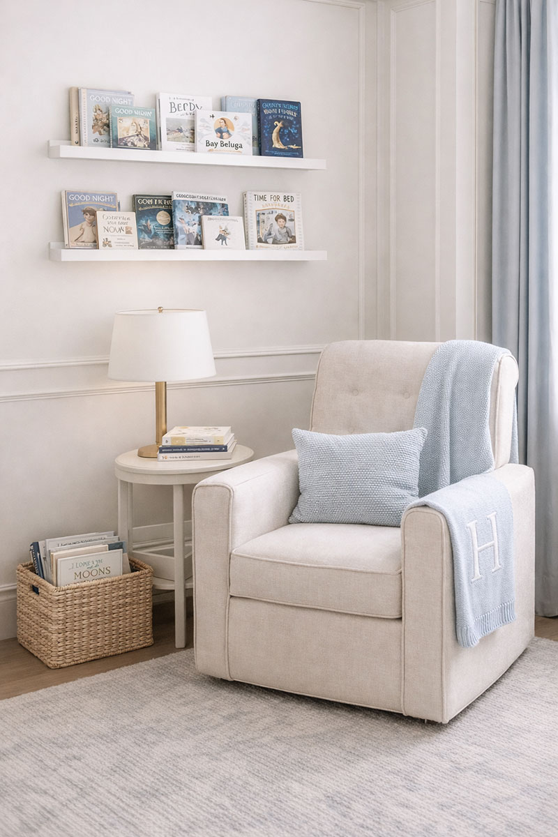 Small nursery reading corner with compact chair, slim side table, basket storage, and neat baby books